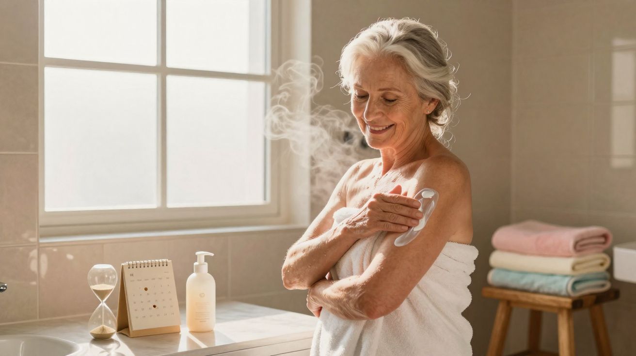 Mulher idosa aplicando creme com espátula no braço em banheiro iluminado, com toalhas e calendário ao fundo.