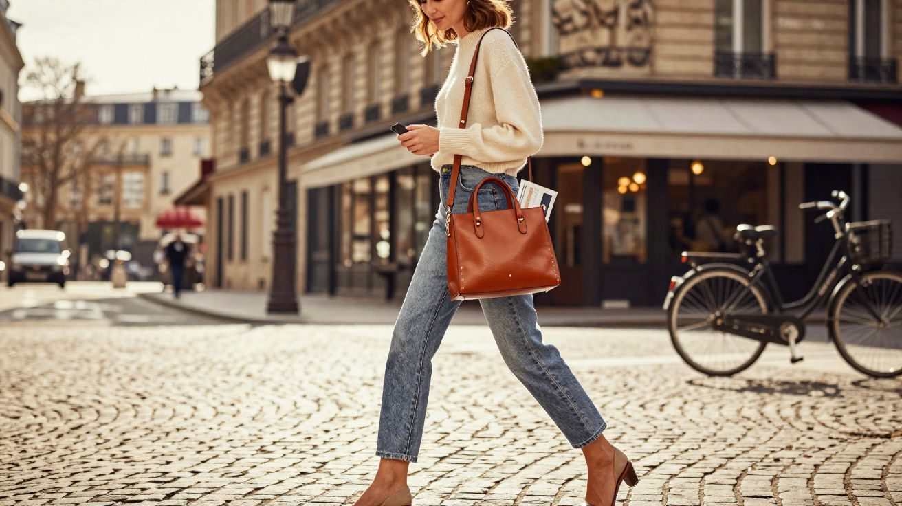 Mulher caminhando em rua de paralelepípedo com suéter bege, jeans e bolsa marrom, olhando celular.