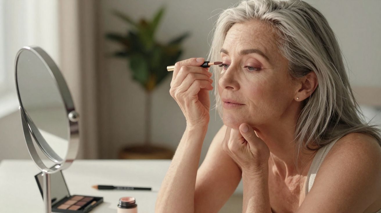 Mulher madura aplicando sombra rosa nos olhos em frente a espelho em ambiente iluminado.