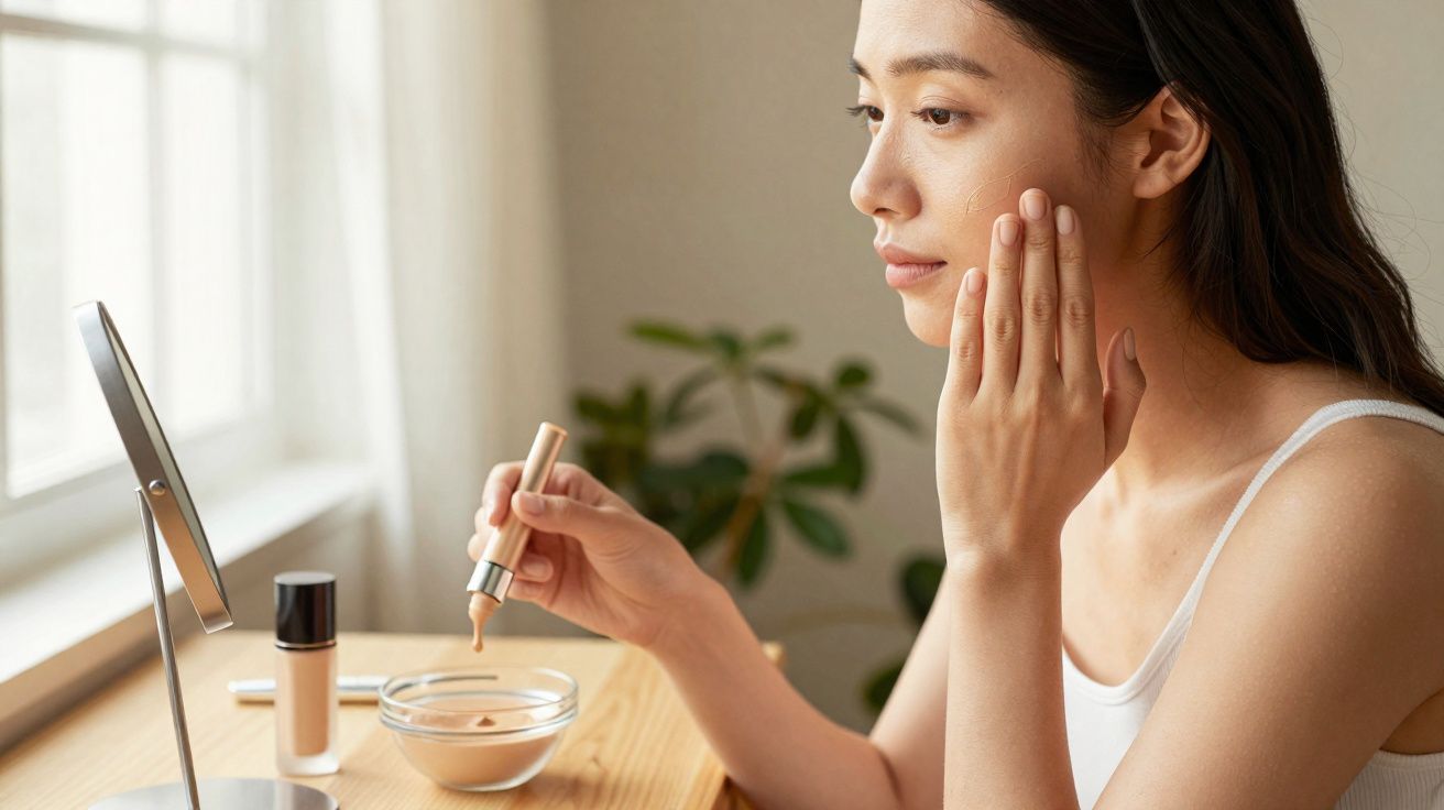 Mulher aplicando corretivo no rosto sentada à mesa com espelho e produtos de maquiagem perto da janela.