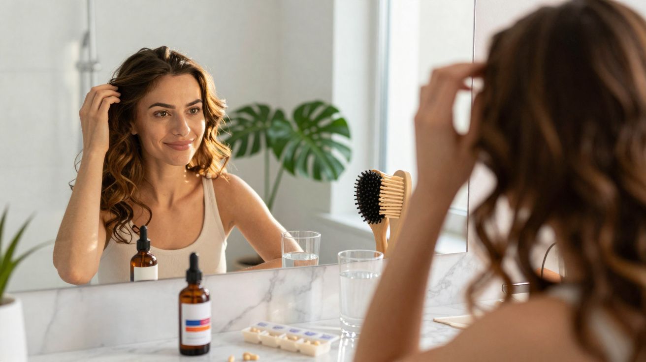 Mulher sorrindo enquanto se olha no espelho em banheiro com produtos de cuidado pessoal na bancada.