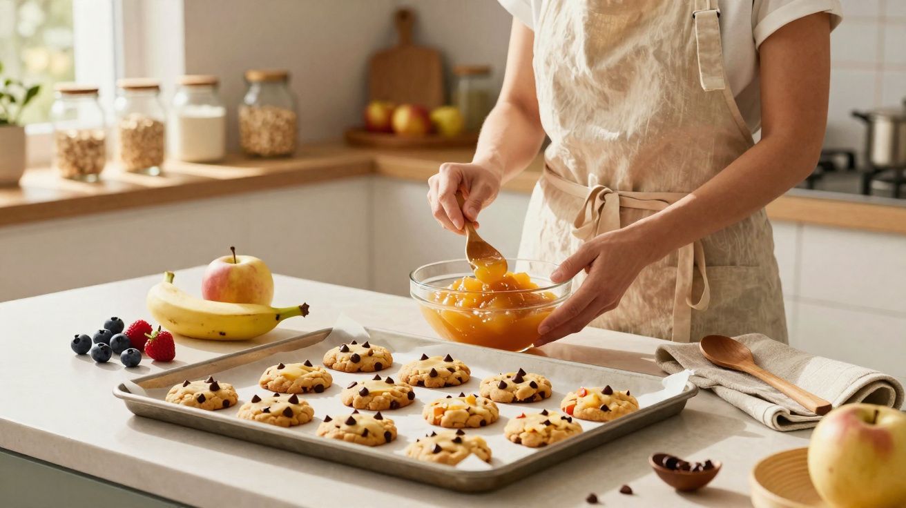 Pessoa colocando geleia em biscoitos de chocolate em uma cozinha iluminada e organizada.