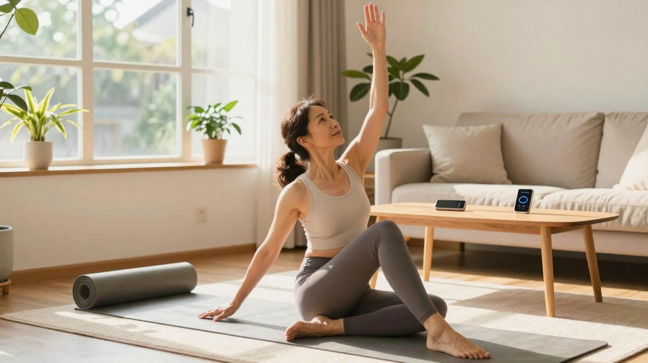 Mulher praticando alongamento sentado em tapete de yoga em sala iluminada com plantas e sofá ao fundo.