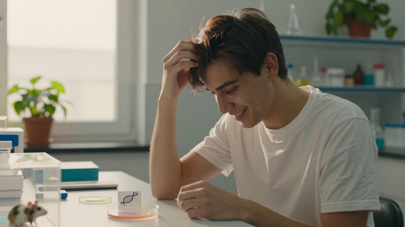 Jovem sorridente observa placa com símbolo de DNA sobre placa de Petri em laboratório.