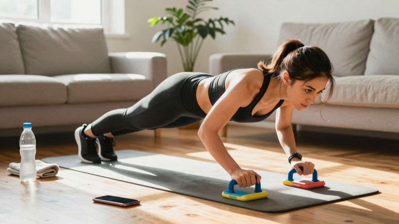 Mulher fazendo flexão com apoio de halteres coloridos em tapete dentro de sala iluminada.