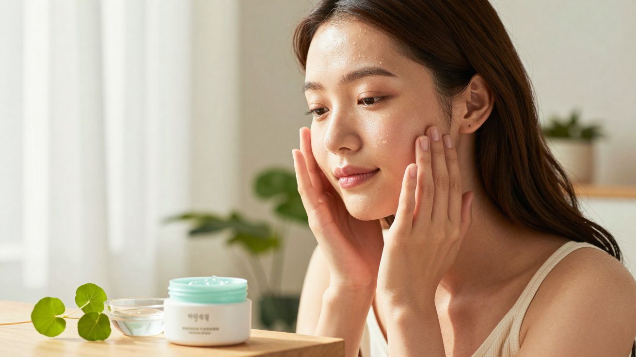 Mulher aplicando creme facial em ambiente iluminado e tranquilo com plantas ao fundo.