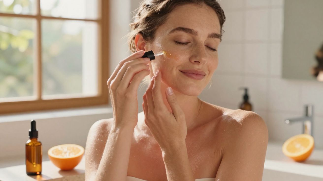 Mulher aplicando óleo facial com conta-gotas em ambiente iluminado e relaxante.