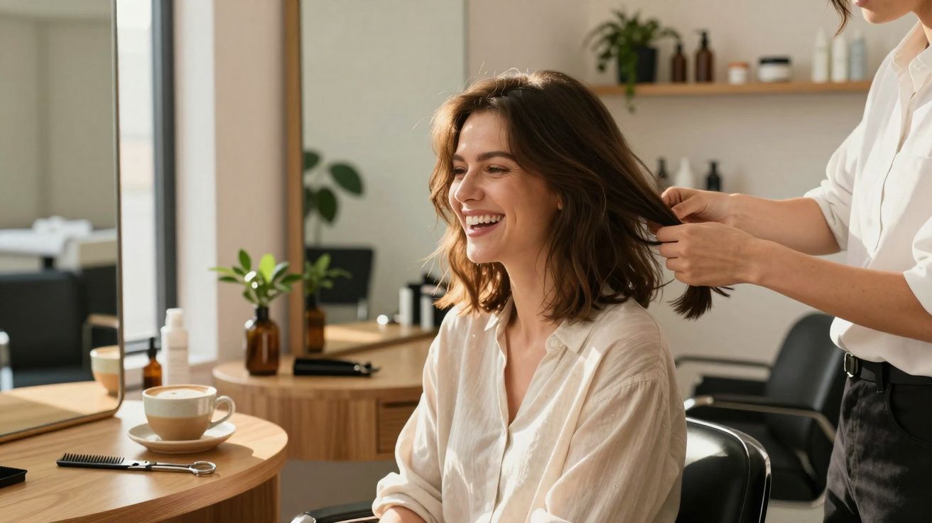 Mulher sorrindo sentada em salão enquanto cabeleireira penteia seu cabelo castanho.