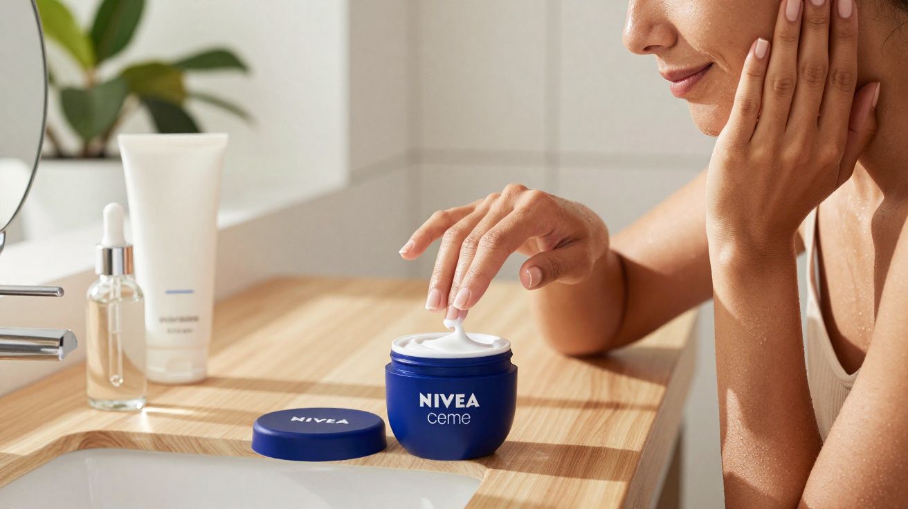 Mulher aplicando creme Nivea no rosto em banheiro com bancada de madeira e espelho redondo.