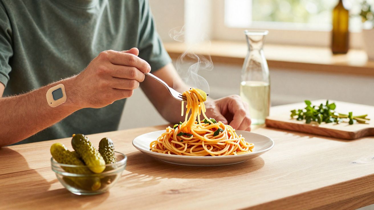 Pessoa segurando garfo pegando espaguete quente em prato branco sobre mesa de madeira clara.
