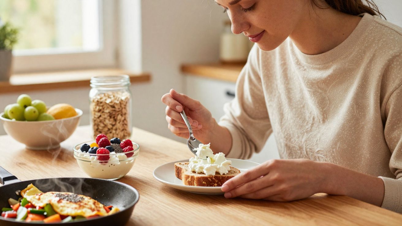 Mulher sorrindo preparando torrada com creme em cozinha iluminada de manhã.