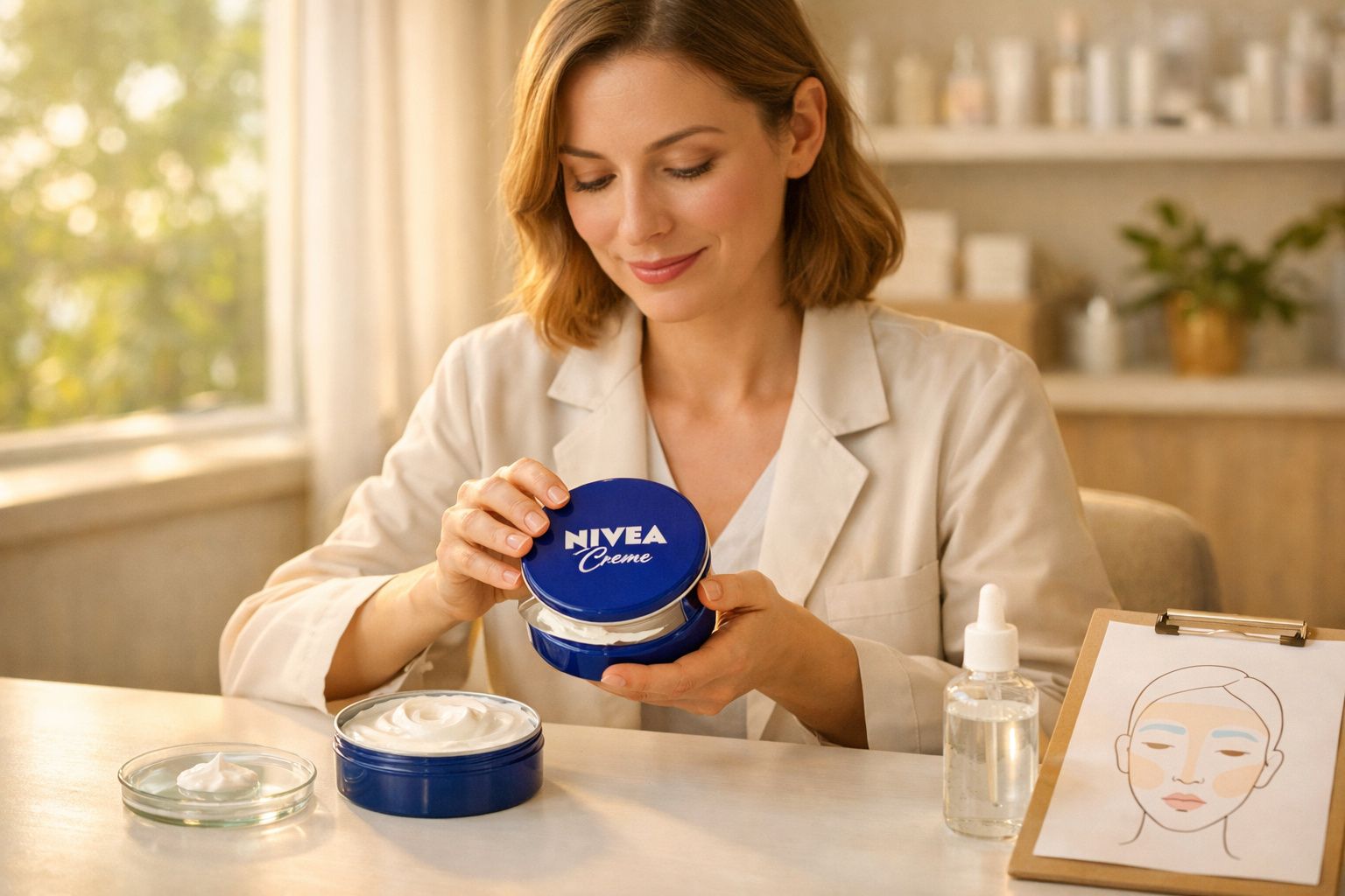 Mulher sorridente segurando pote de creme Nivea em ambiente iluminado e organizado.