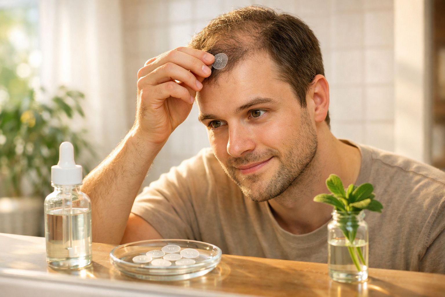 Homem aplicando medicamento em comprimido na testa, sentado à mesa com frascos e planta.