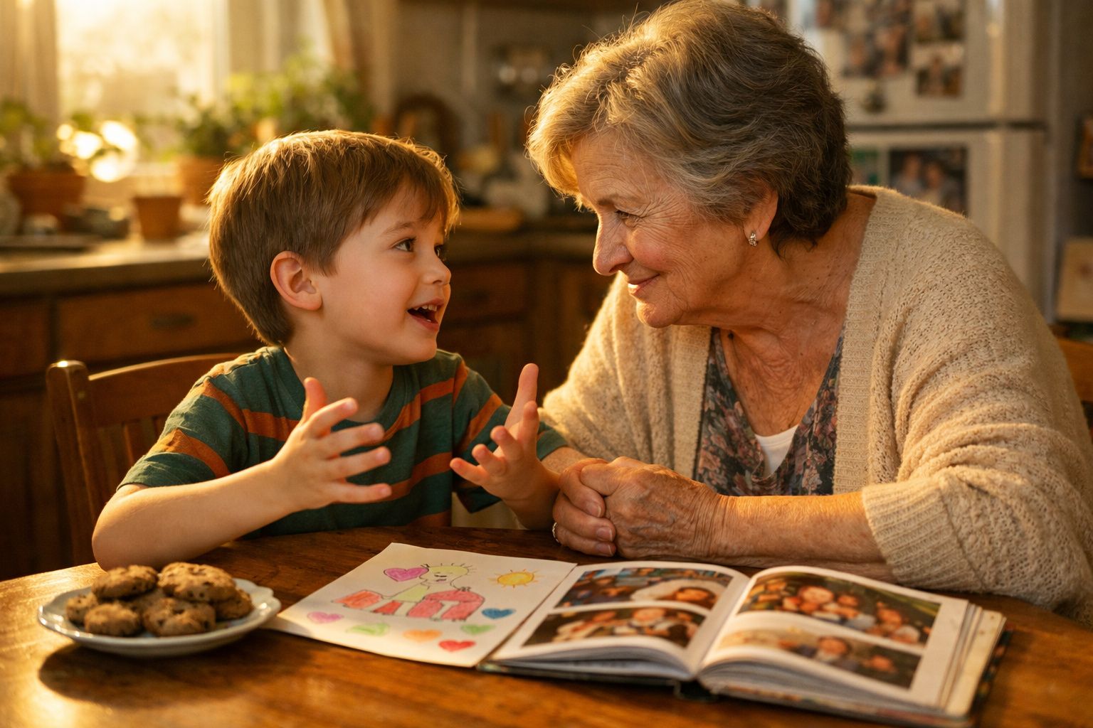 Menino e avó sorrindo enquanto olham desenhos e fotos sentados à mesa com biscoitos.