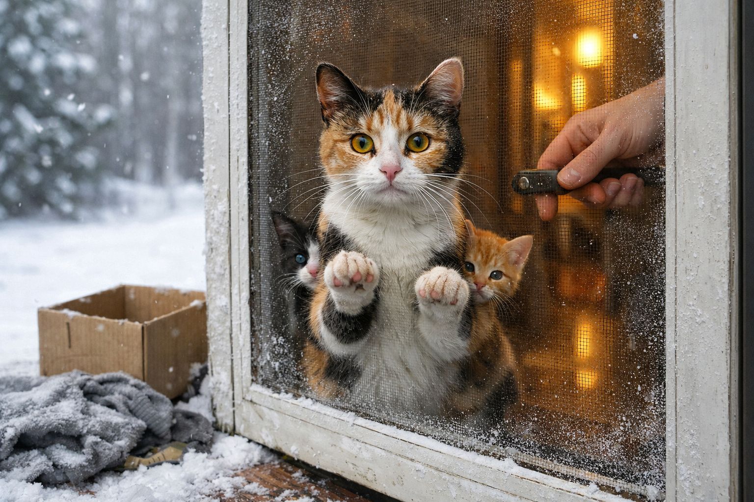 Gata e dois gatinhos atrás de janela com gotículas, mão segurando maçaneta para abrir porta no frio.