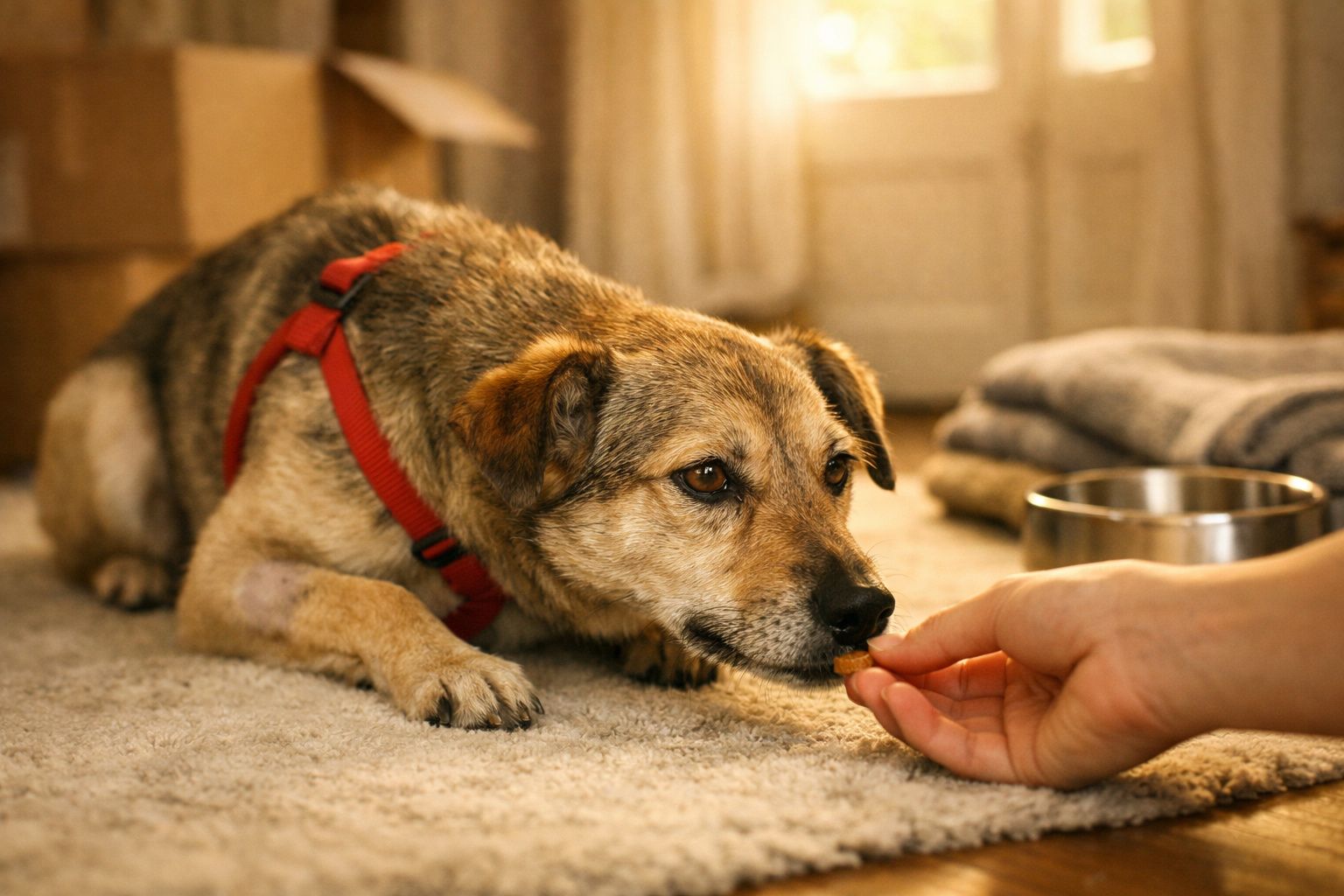 Cachorro marrom com coleira vermelha recebendo petisco da mão humana em ambiente interno acolhedor.