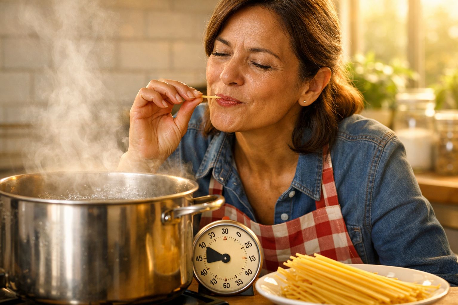 Mulher provando caldo de panela com macarrão e timer na cozinha iluminada pela luz natural.