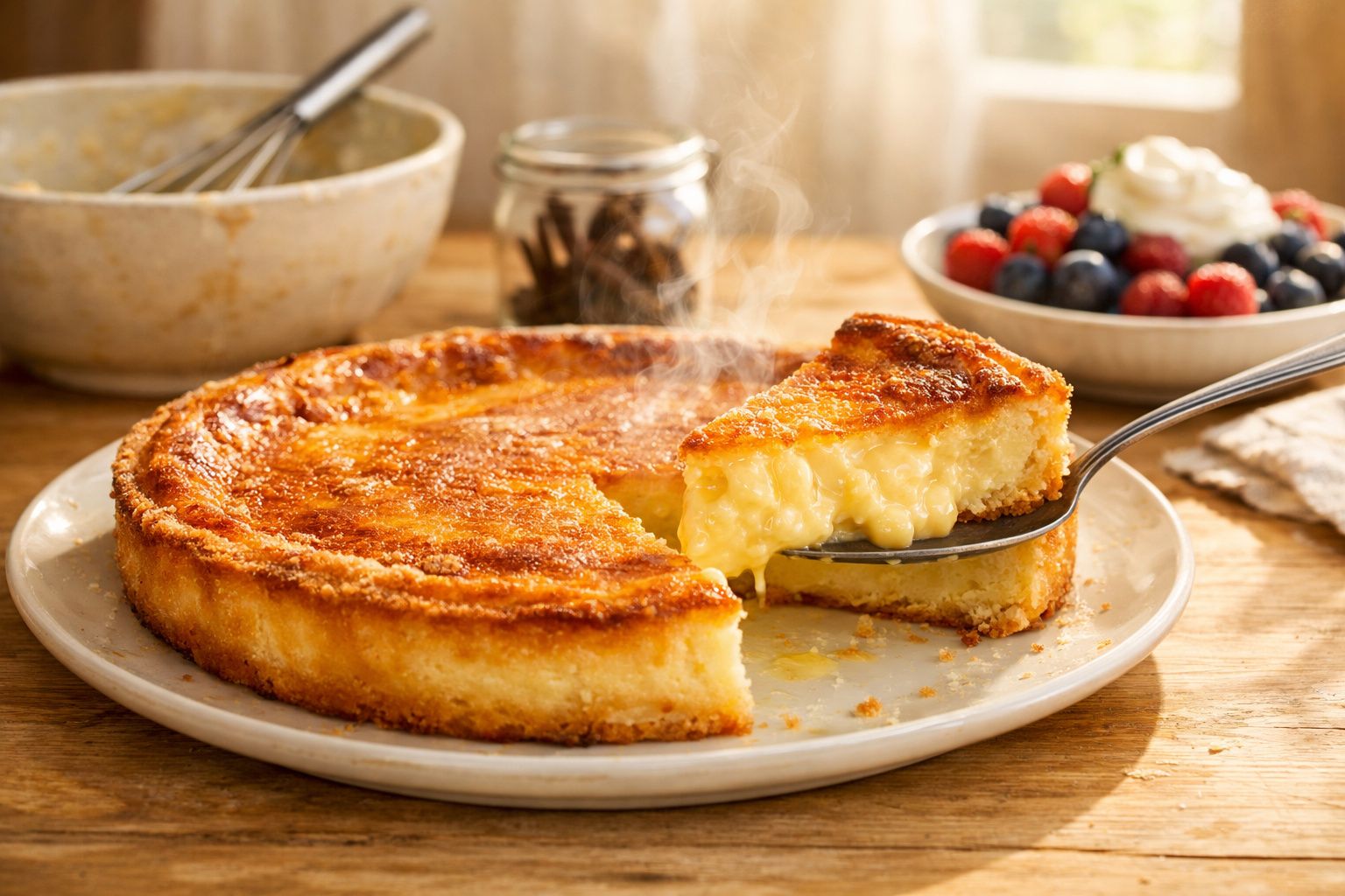 Torta de creme quente com uma fatia sendo servida em prato branco sobre mesa de madeira.