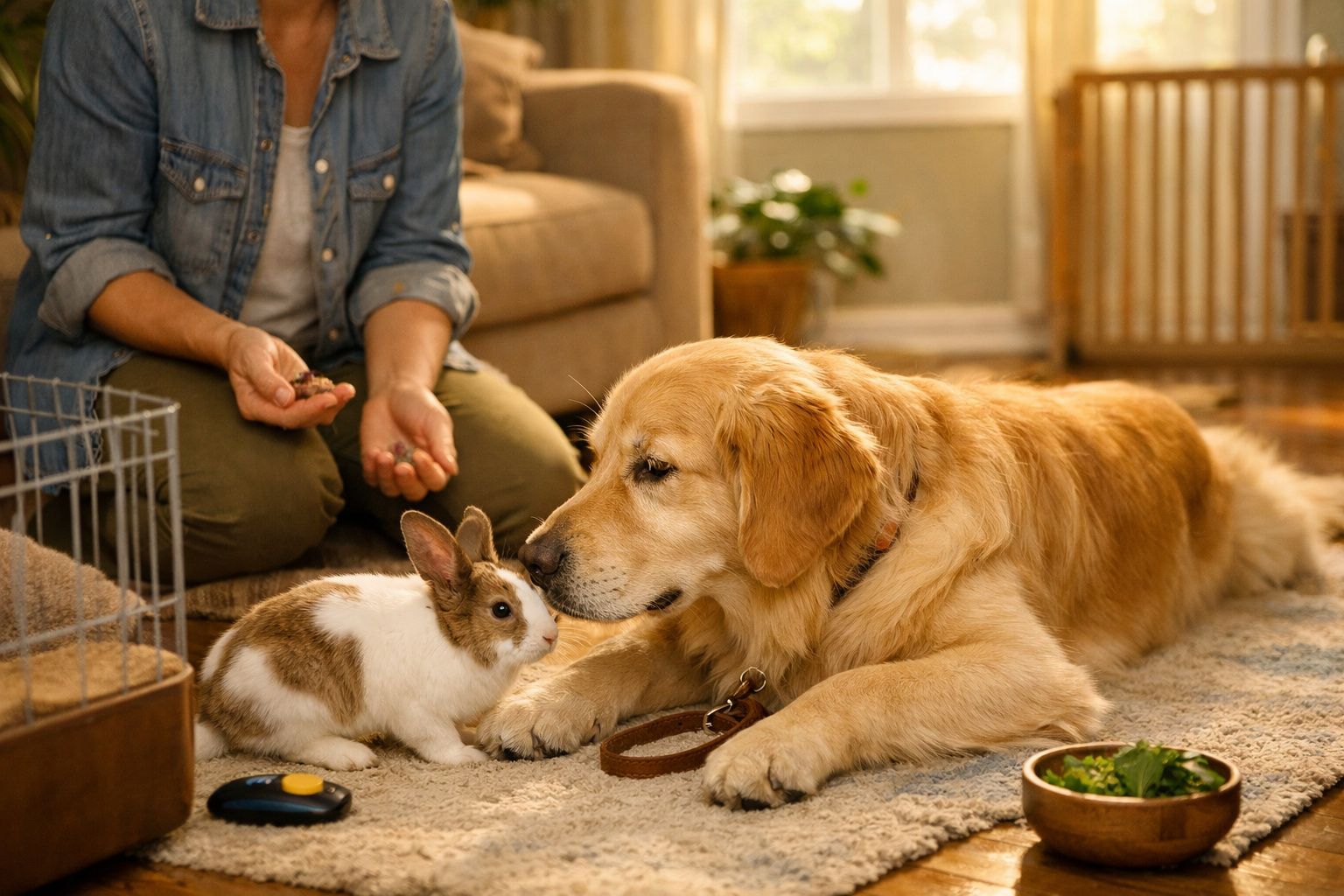 Cachorro Golden Retriever e coelho se cheirando no tapete, com pessoa segurando petiscos ao fundo.