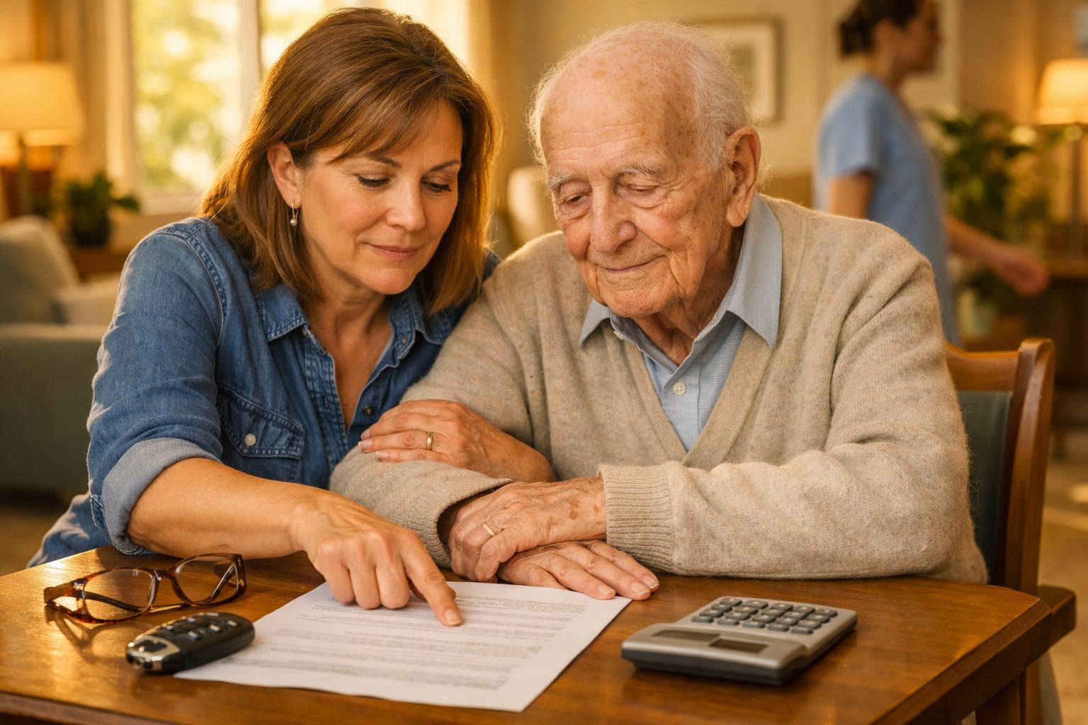 Mulher ajudando idoso a entender documentos sentados à mesa com calculadora e óculos.