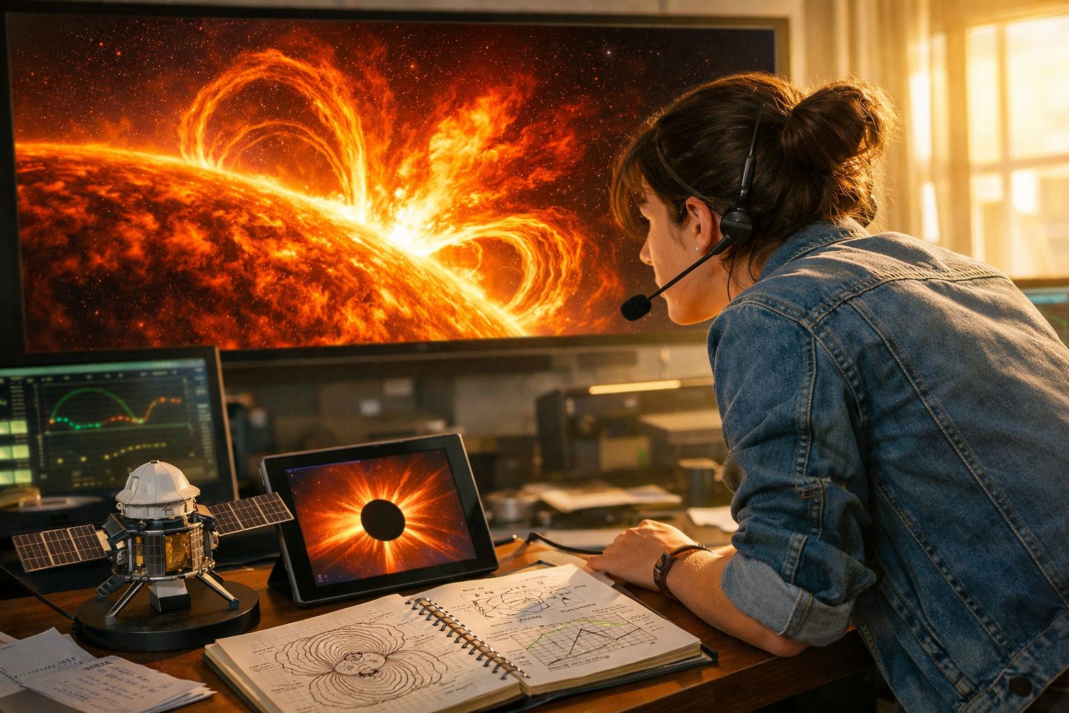 Mulher analisando imagens solares em computadores com gráficos e modelo de satélite na mesa.