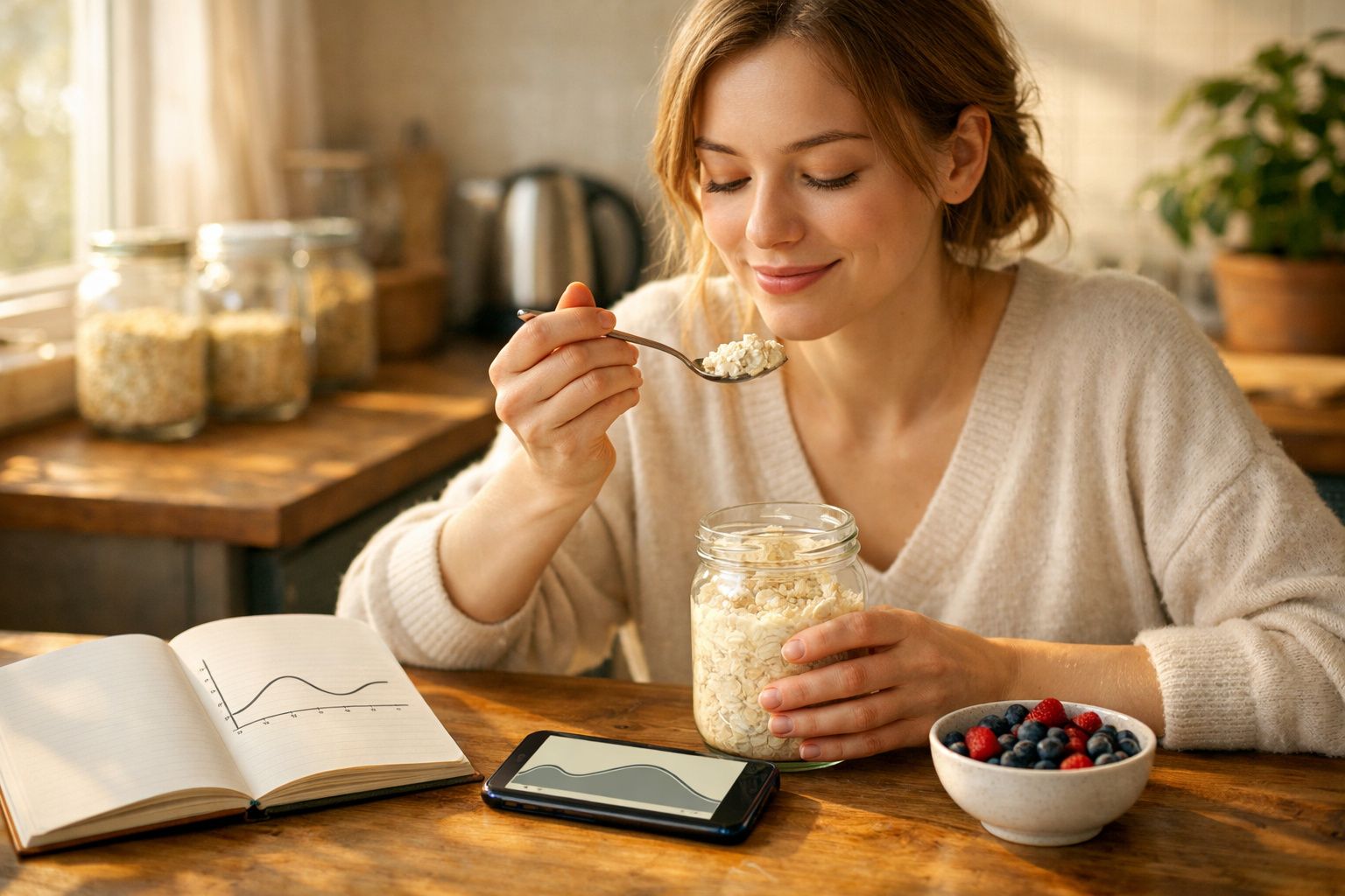 Mulher sorrindo comendo aveia de pote, ao lado de um notebook aberto e um celular sobre a mesa.