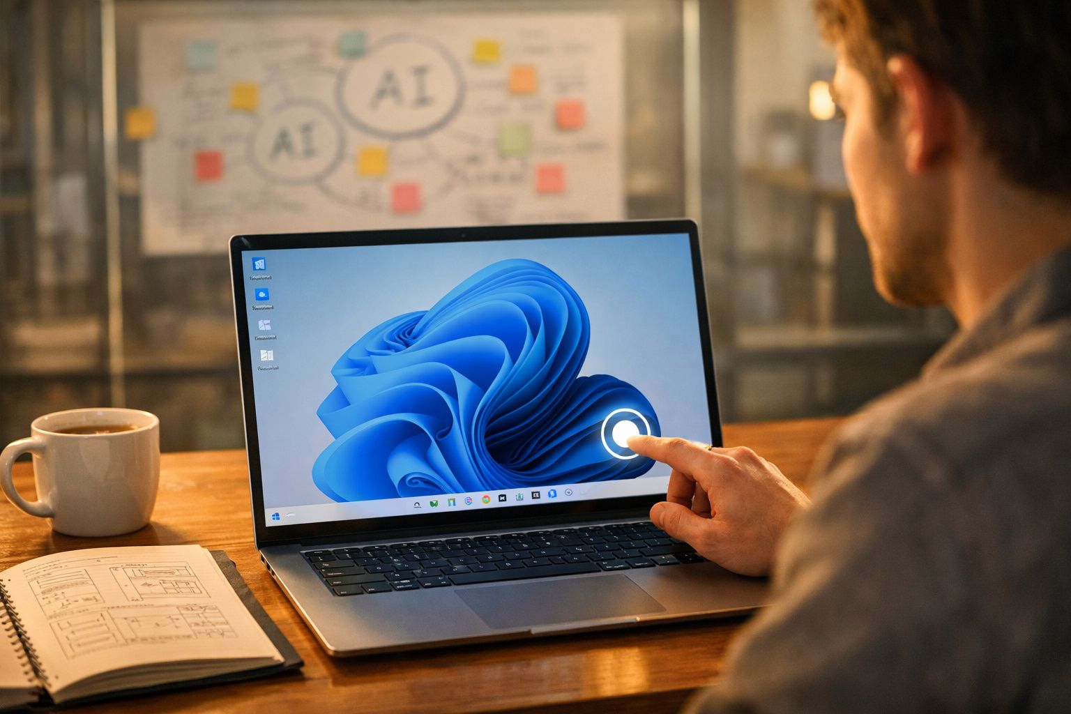 Pessoa usando laptop com tela do Windows 11 e tomando café em mesa de madeira.