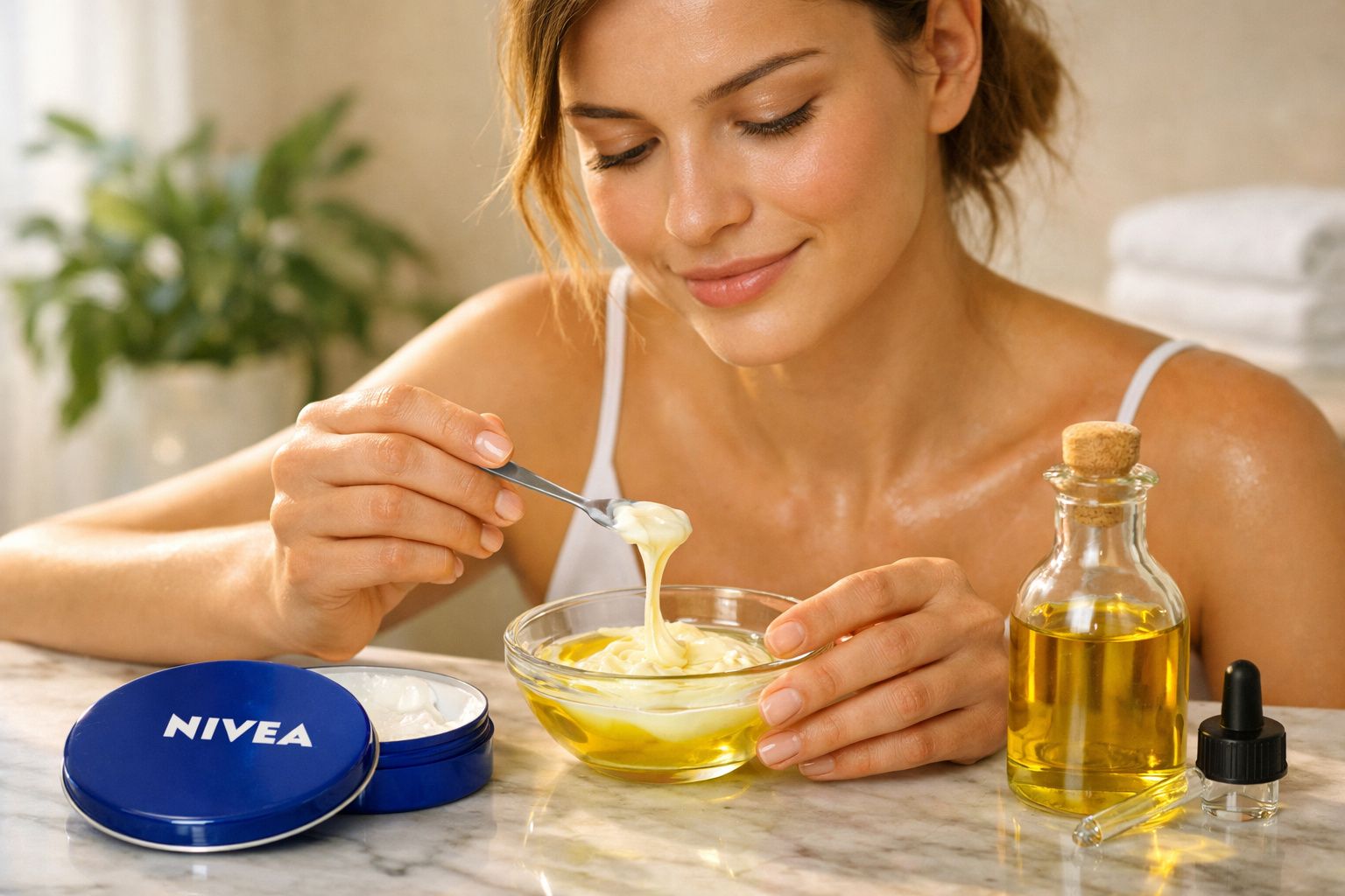 Mulher preparando mistura com creme Nivea e óleo em pote de vidro sobre mesa clara.