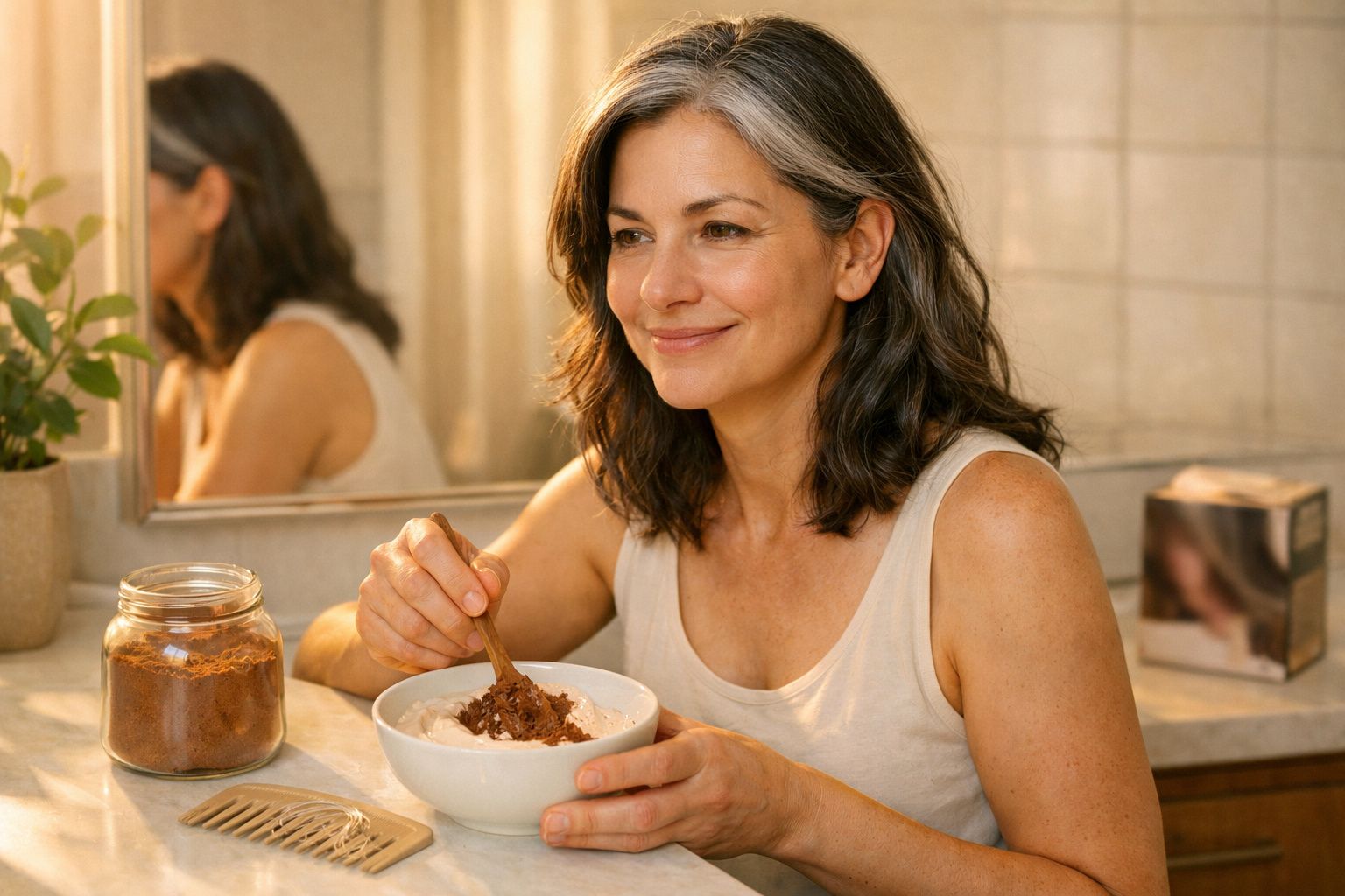 Mulher sorridente mexe creme marrom em tigela na cozinha, com pote de ingrediente ao lado.