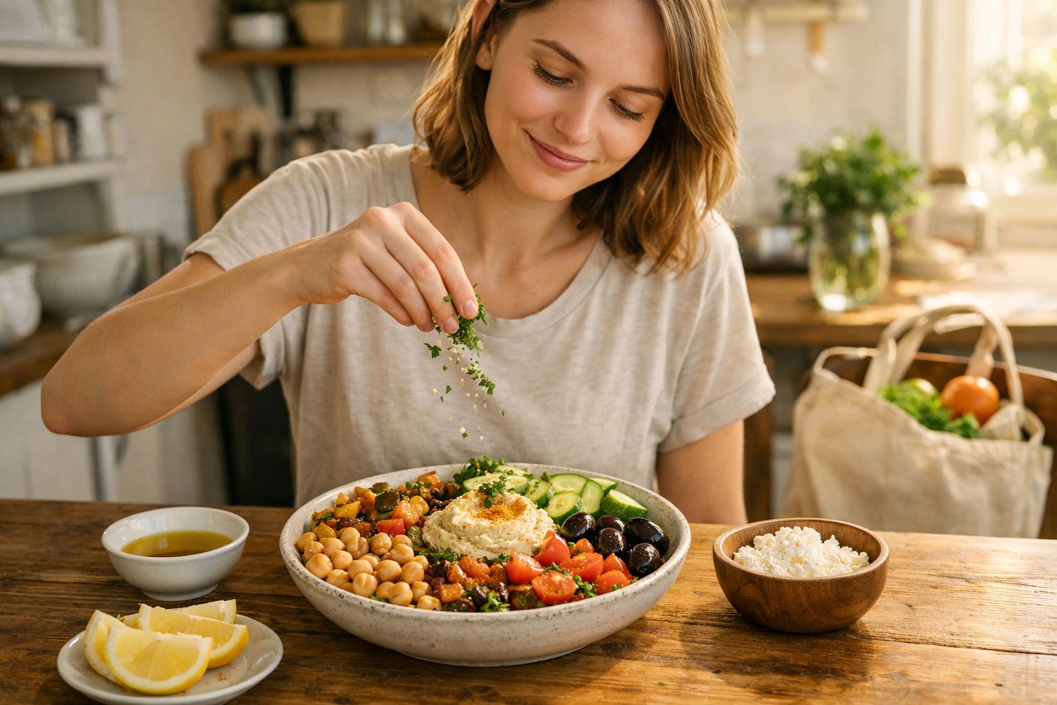 Mulher sorrindo temperando salada colorida com grão-de-bico, tomates e pepino em cozinha iluminada.
