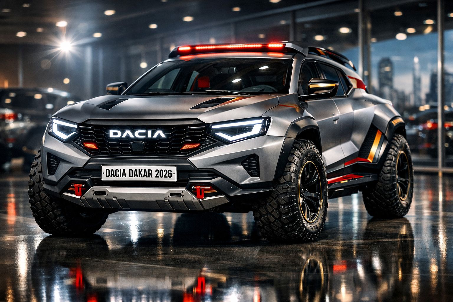 Carro off-road Dacia Dakar 2026 cinza metálico com pneus grandes e luzes de LED acesas em showroom.