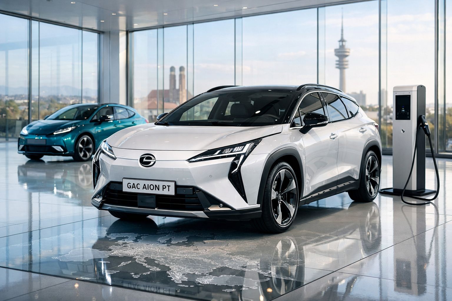 Carro elétrico branco GAC Aion PT em exibição dentro de showroom moderno com estação de recarga.