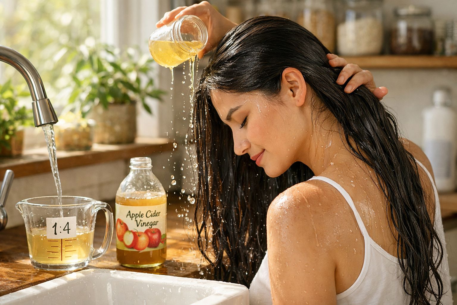 Mulher aplicando vinagre de maçã no cabelo em cozinha iluminada, com recipiente e jarra ao lado.