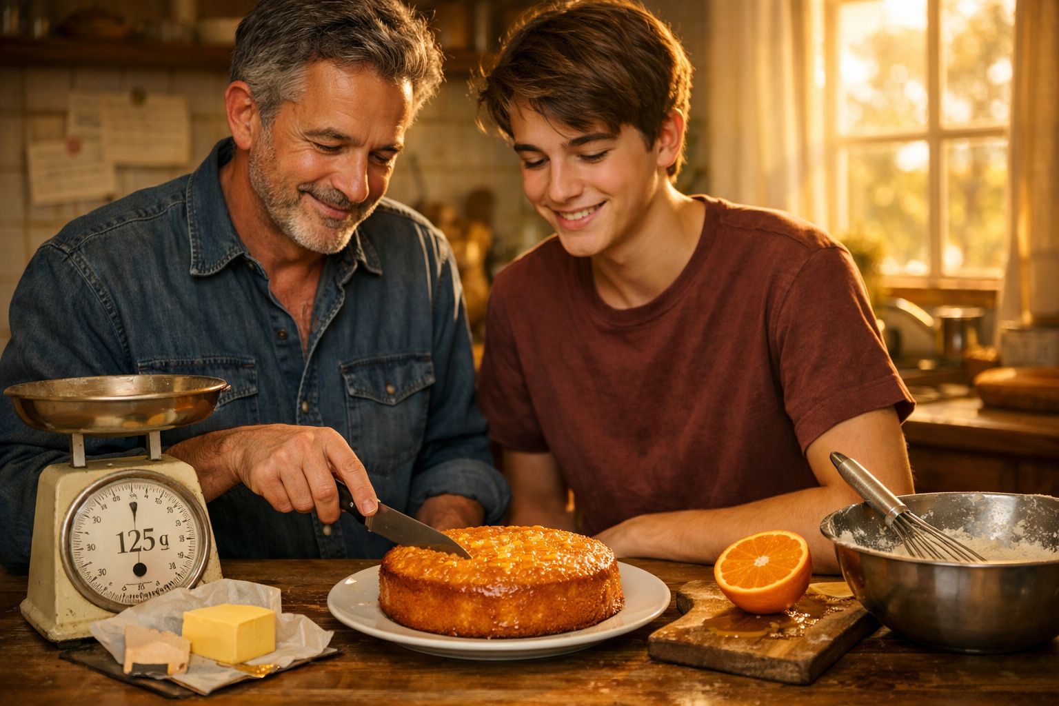 Homem e adolescente felizes cortando um bolo de laranja em uma cozinha iluminada pelo sol.