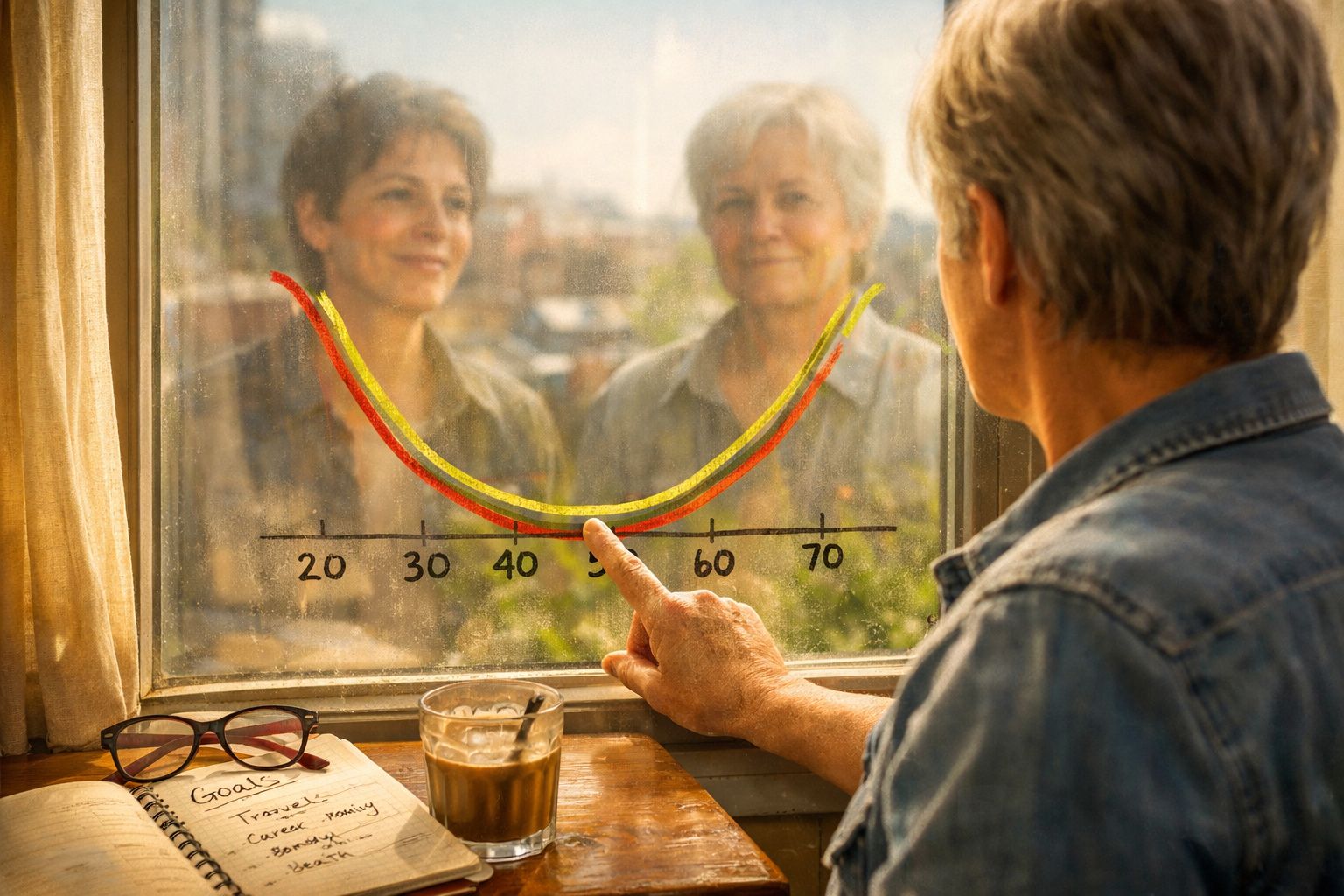 Pessoa mais velha toca em gráfico desenhado em vidro, refletindo duas versões dela em diferentes idades.