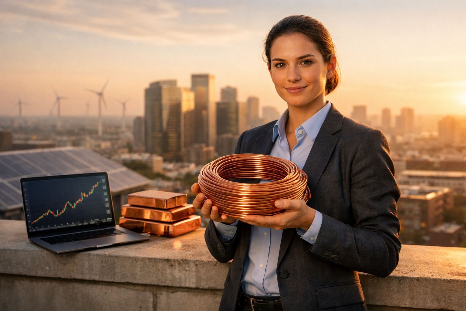 Mulher segura bobina de fio de cobre com barras de cobre e laptop com gráfico financeiro ao fundo.