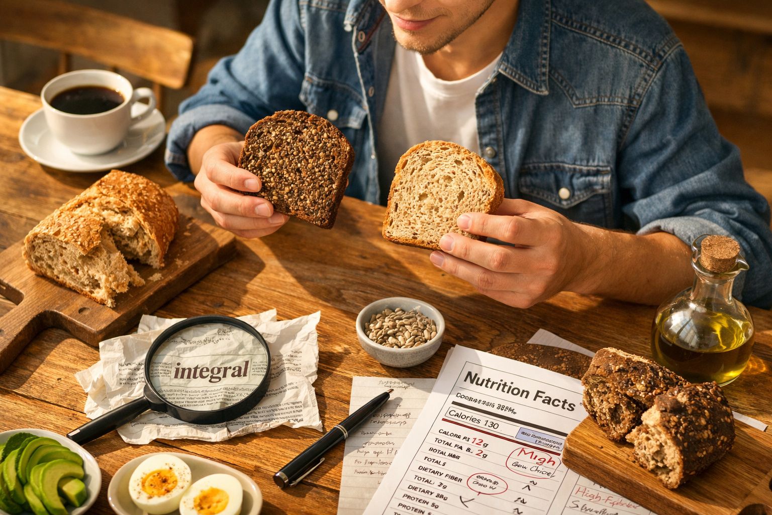 Pessoa segurando fatias de pão integral, com lupa sobre texto "integral" e tabela nutricional na mesa.
