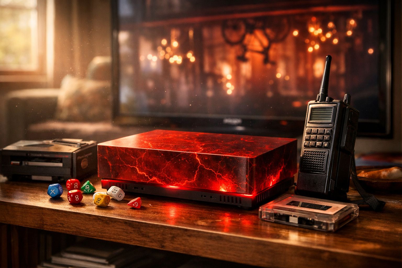 Mesa com dados coloridos, rádio comunicador, fita cassete e aparelho eletrônico vermelho com luzes internas.