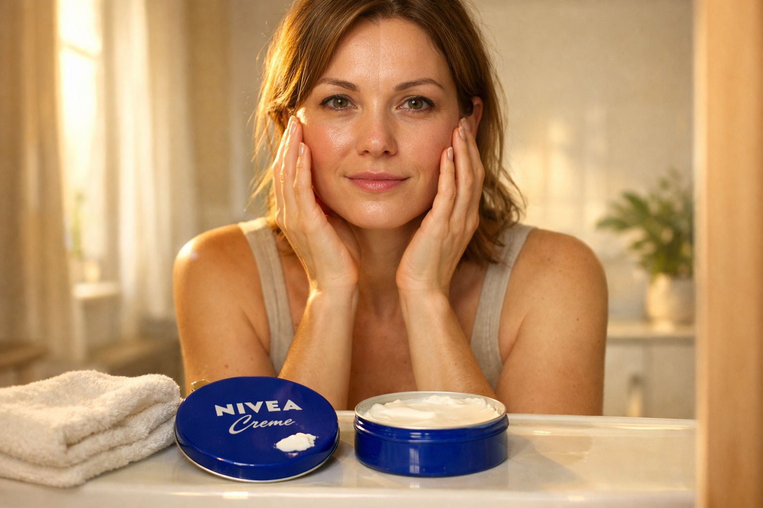 Mulher com expressão tranquila aplica creme Nivea no rosto em ambiente iluminado e aconchegante.