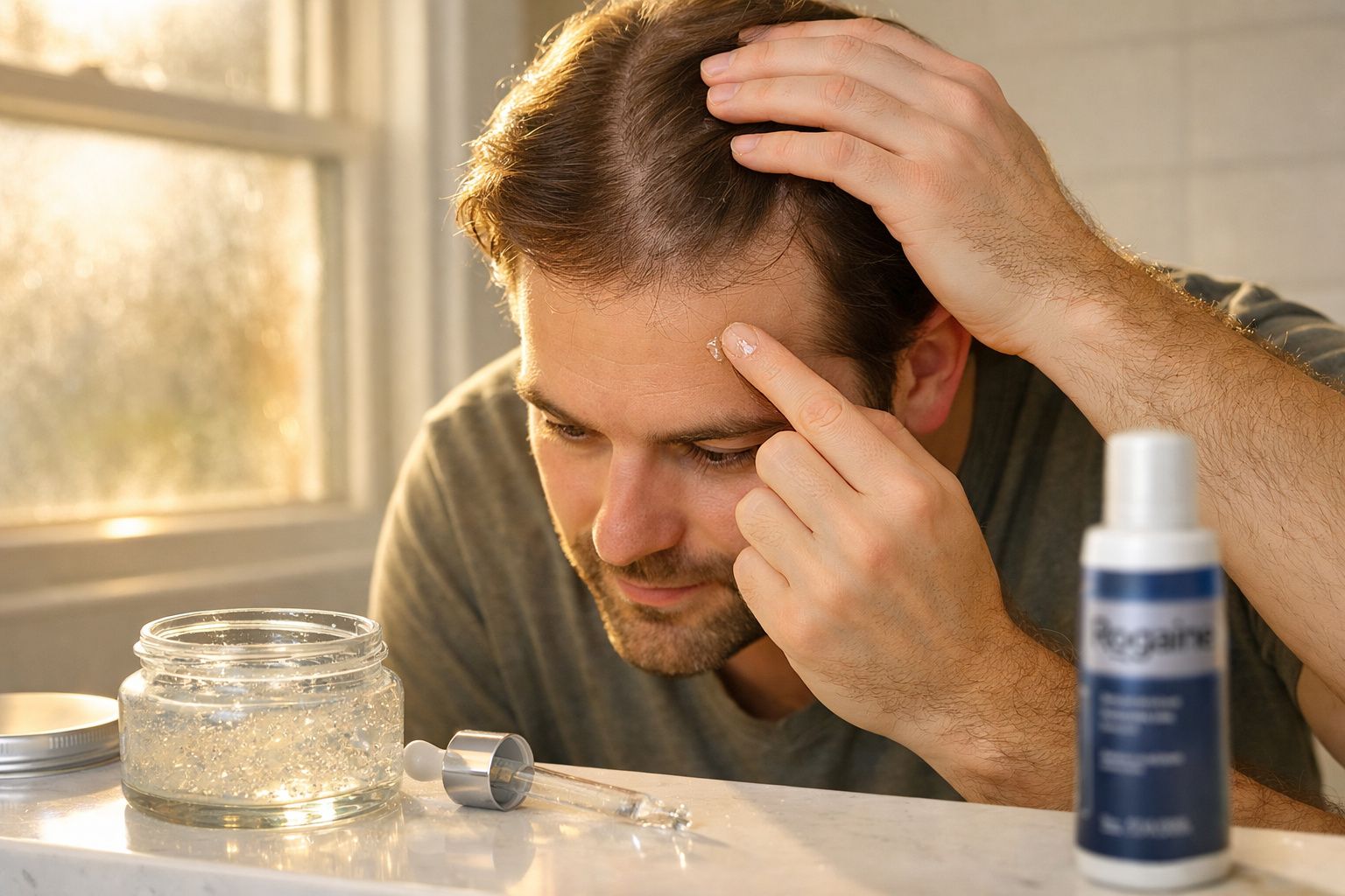 Homem aplicando creme no rosto em ambiente iluminado próximo à janela com potes e frasco na mesa.