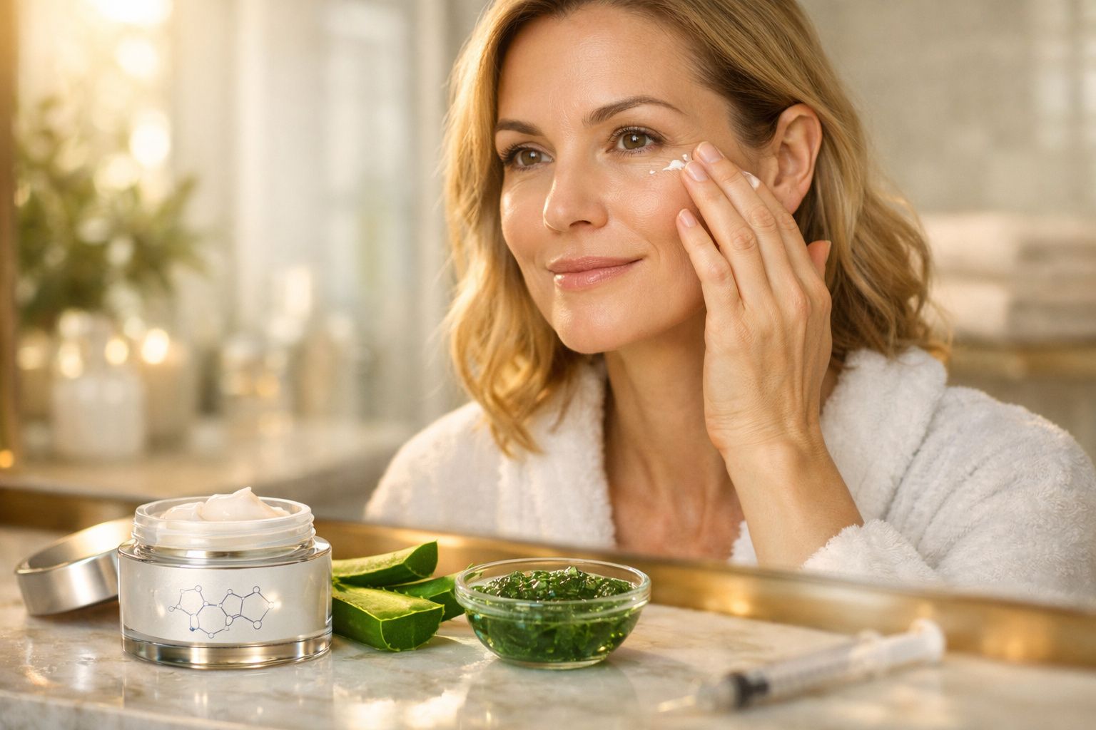 Mulher sorridente aplicando creme facial em frente ao espelho, com aloe vera e máscara verde sobre a bancada.