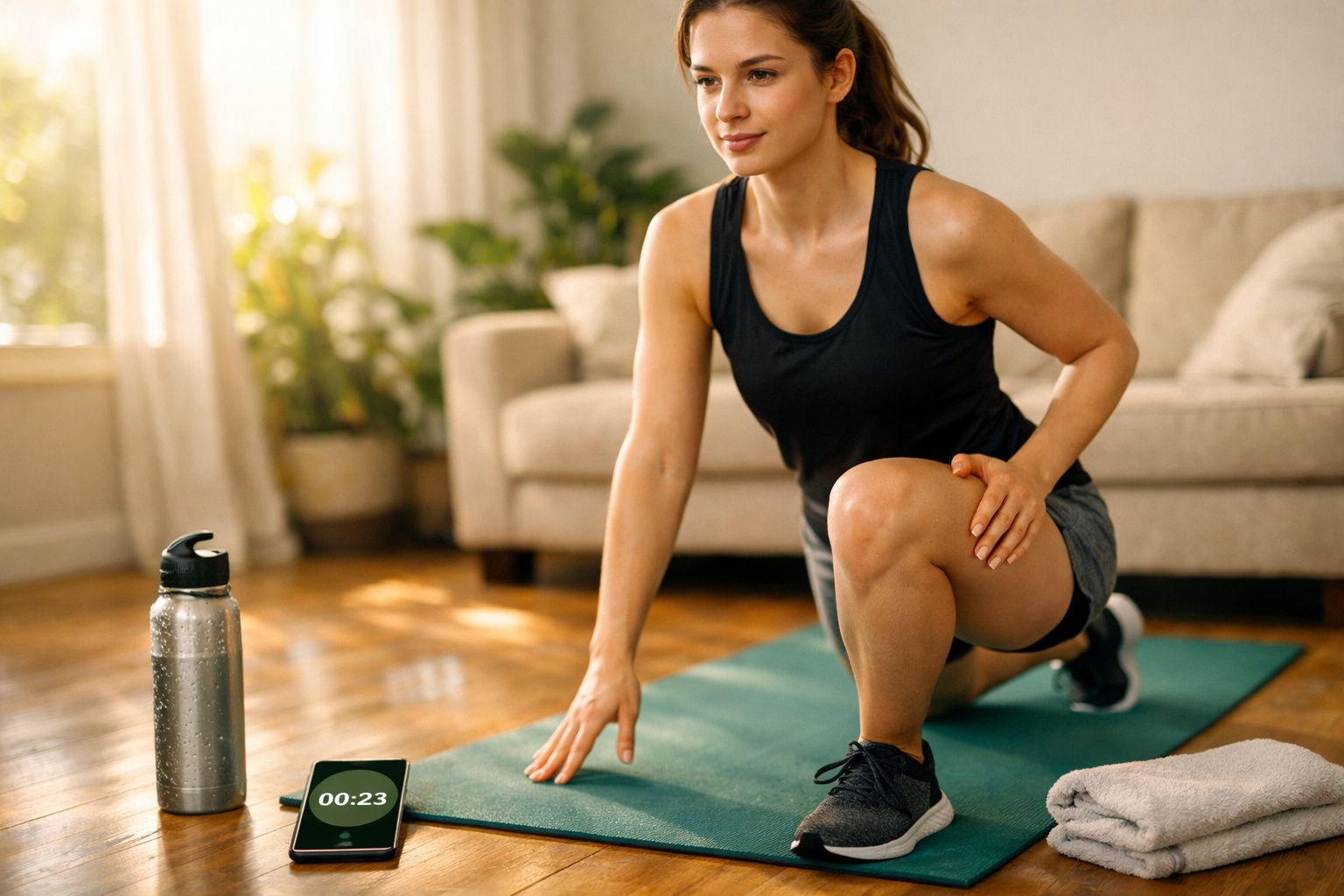 Mulher fazendo exercício em tapete de yoga na sala, com garrafa de água e celular ao lado.