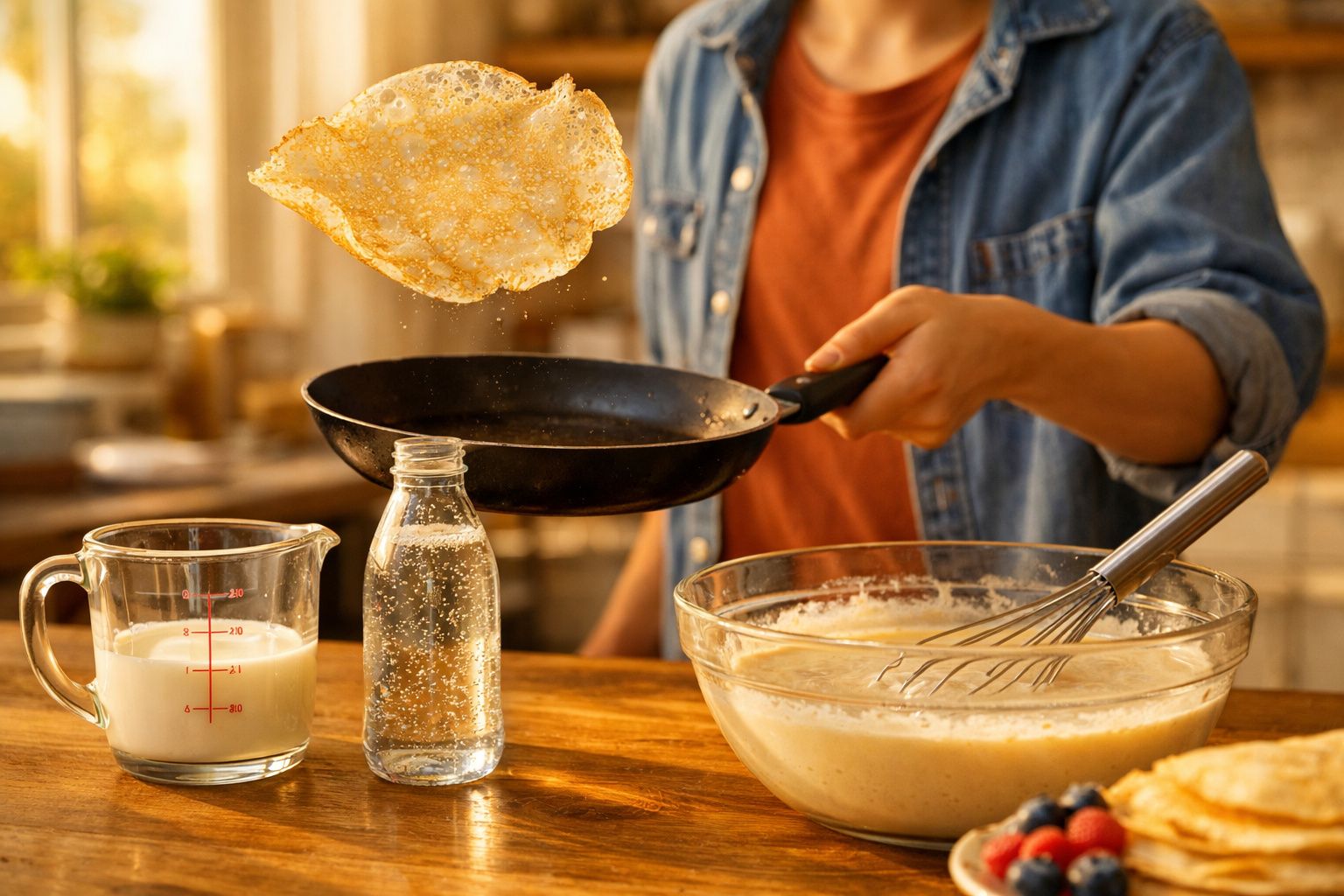Pessoa virando panqueca em frigideira com tigela de massa, jarra de leite e garrafa sobre mesa de madeira.