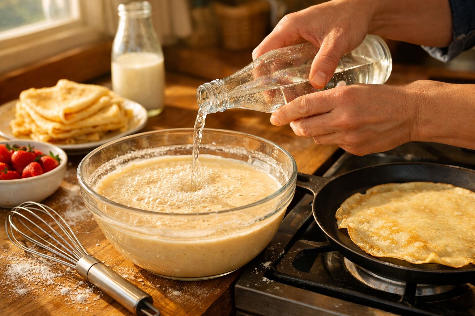 Mãos despejando líquido em tigela com massa para crepe, crepes prontos, morangos e leite ao fundo na mesa.