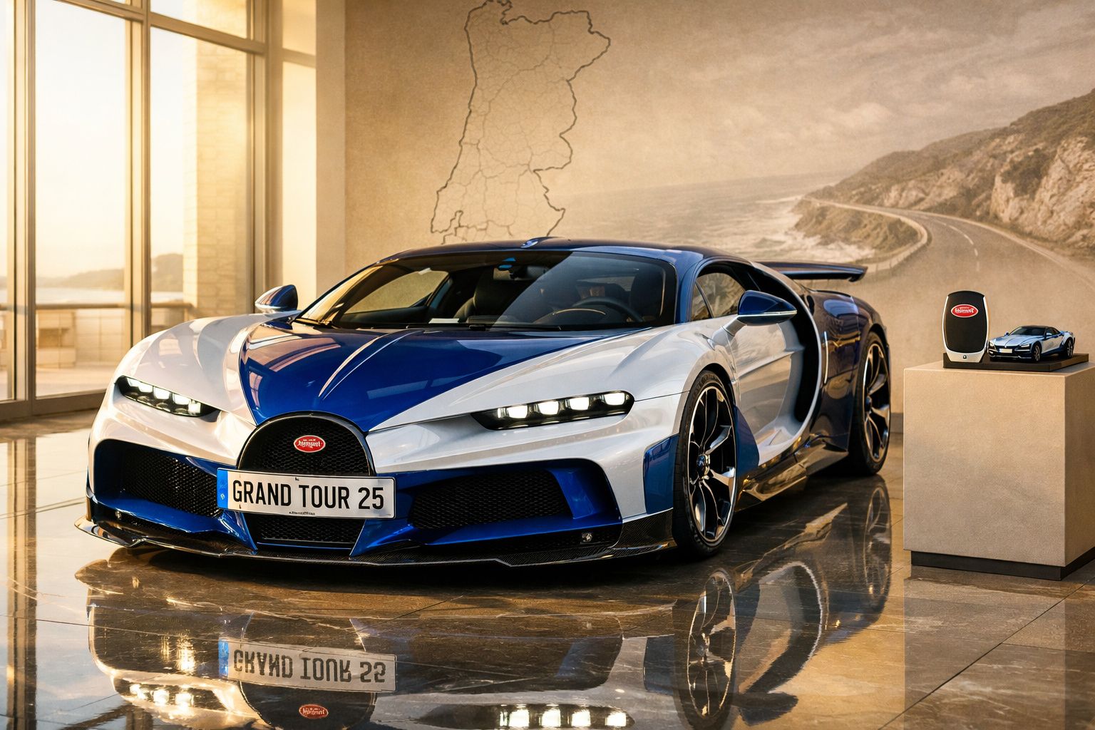 Carro esportivo azul e branco Bugatti Chiron exposto em ambiente interno com réplica e chave ao lado.