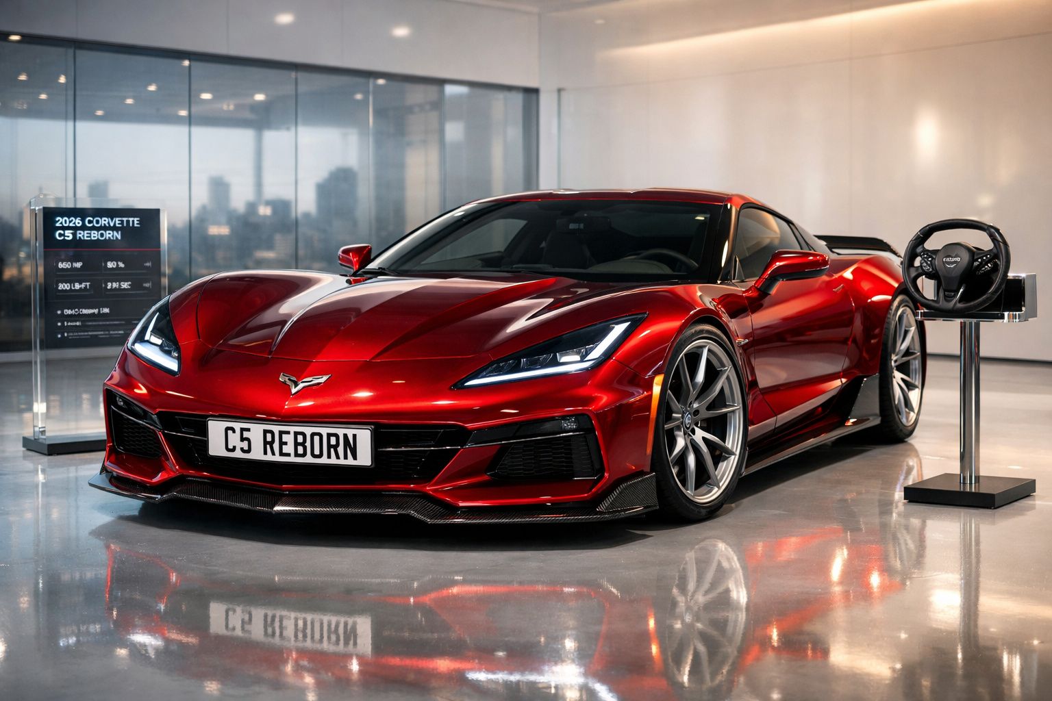 Carro esportivo vermelho 2026 Corvette C5 Reborn em exposição com volante à direita.