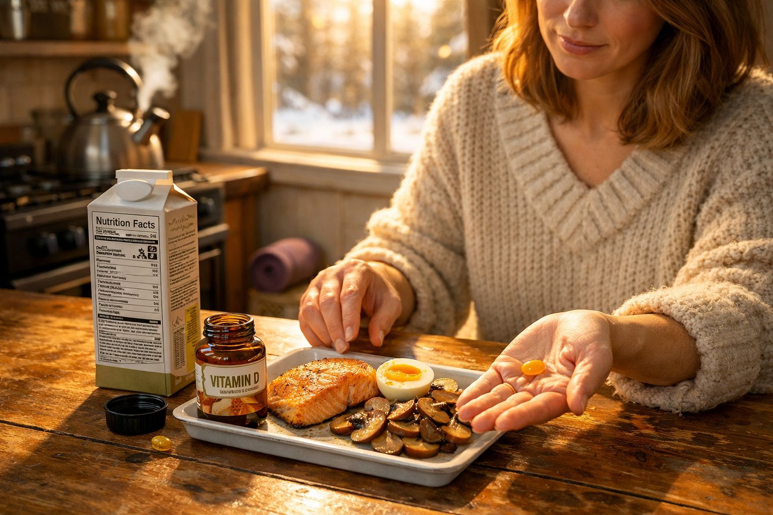 Mulher segurando cápsula de vitamina D com prato de salmão, ovo e cogumelos em mesa de madeira.