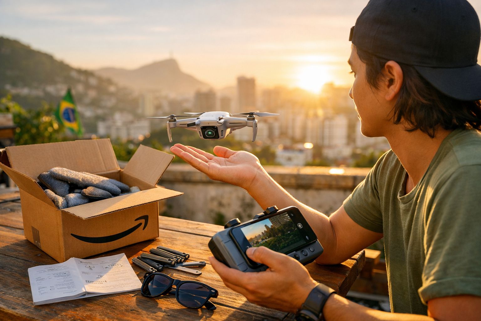 Homem pilotando drone com controle remoto em área externa durante pôr do sol no Rio de Janeiro.