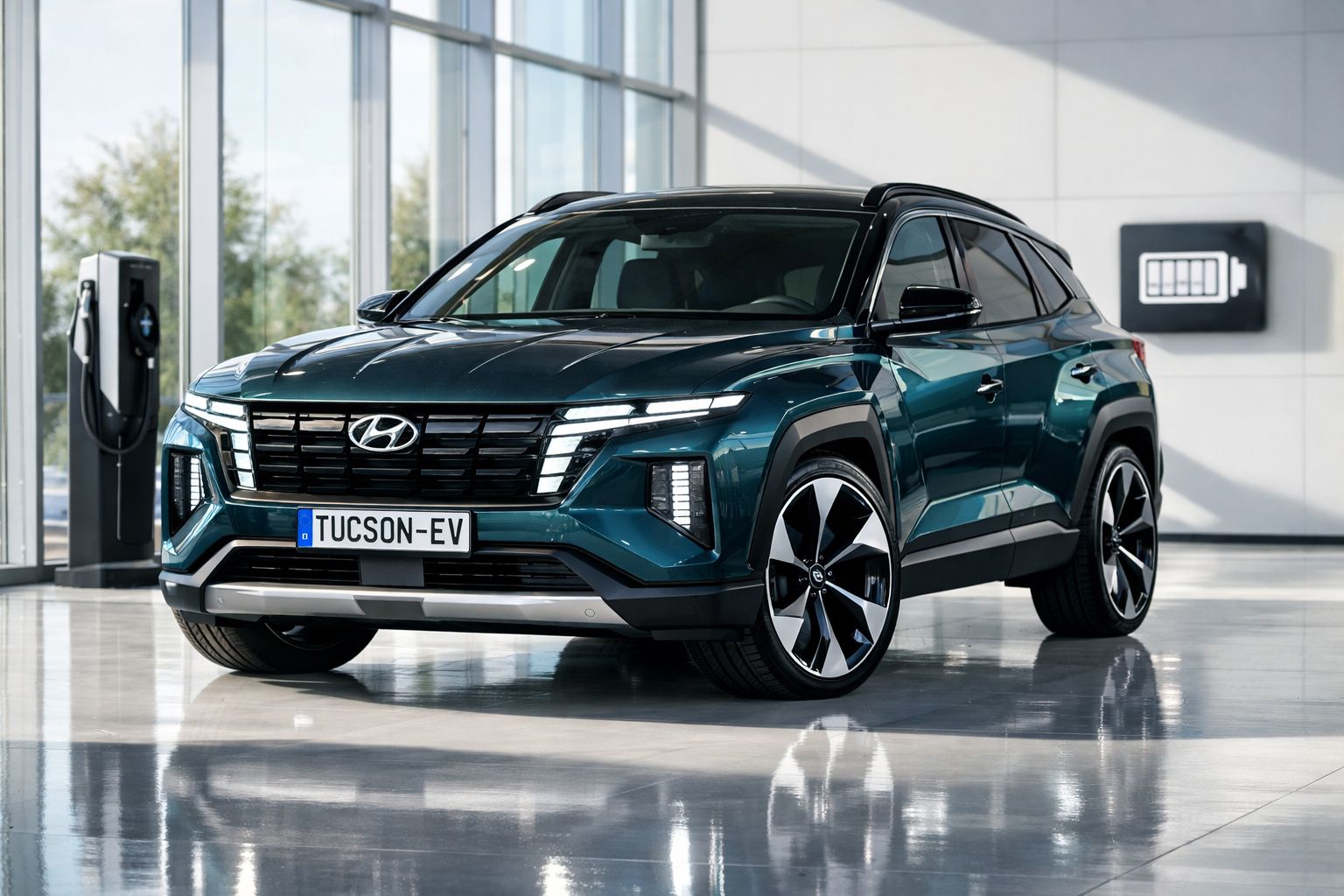 Carro elétrico Hyundai Tucson EV verde escuro estacionado ao lado de carregador em ambiente moderno.
