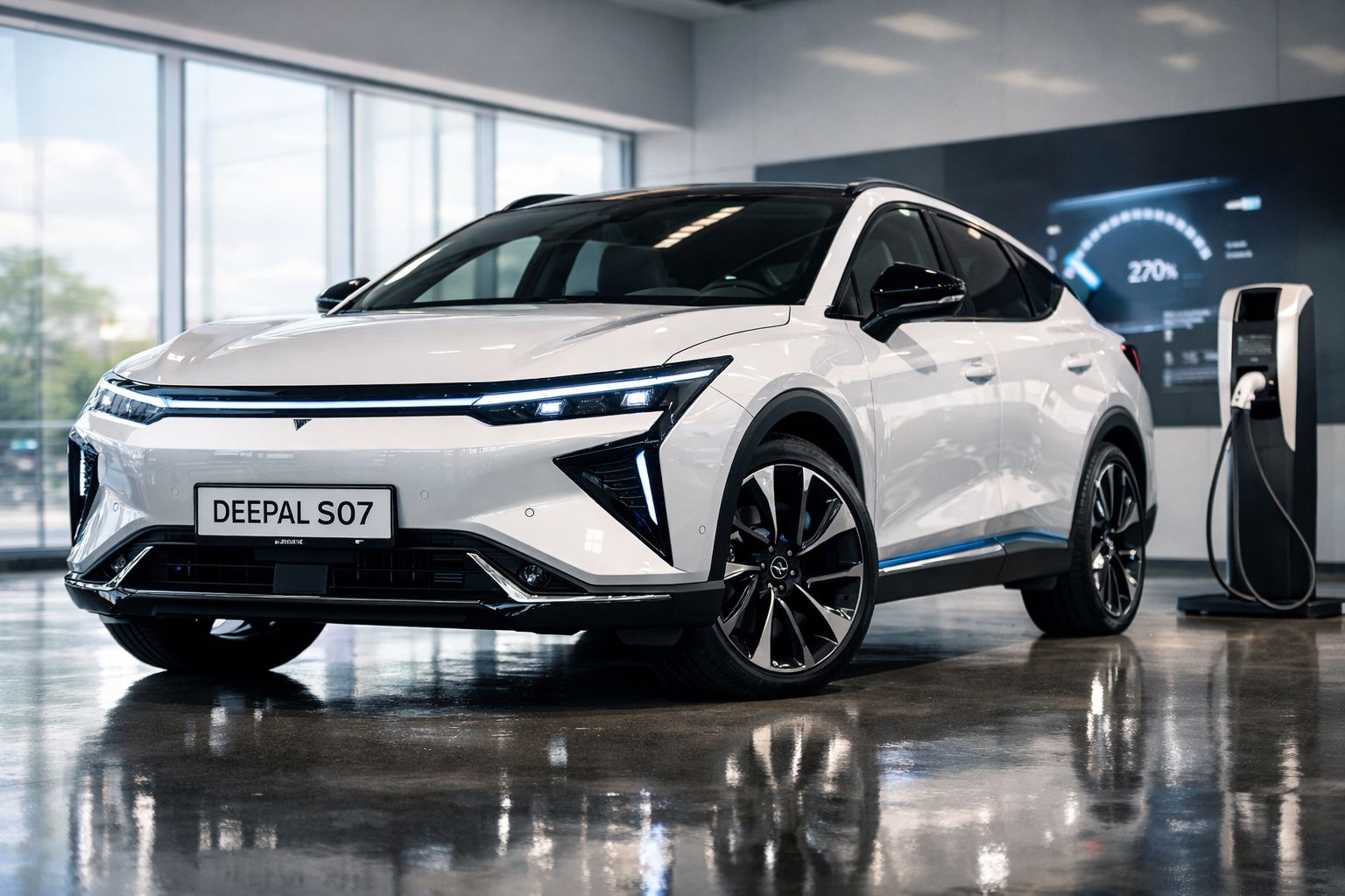 Carro elétrico branco Deepal S07 estacionado ao lado de carregador em showroom moderno.